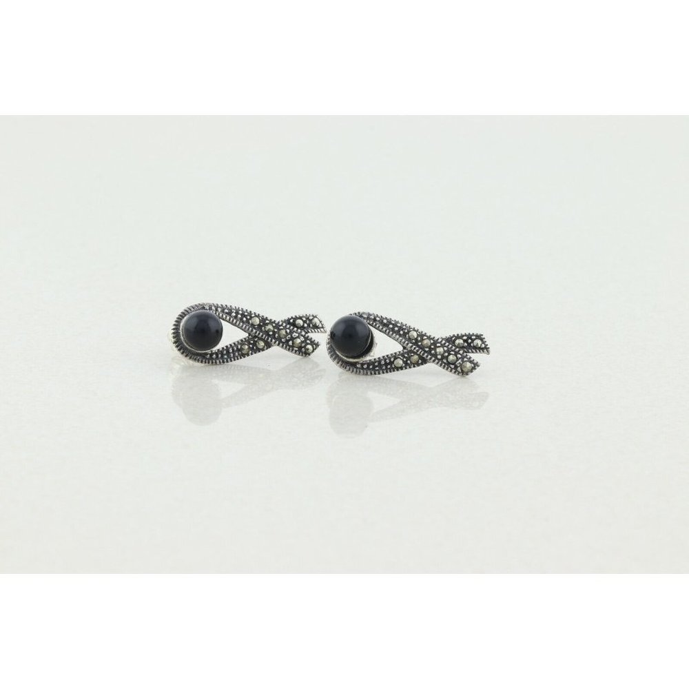 Sterling Silver Marcasite Ribbon Earrings with Black Bead Stud Post